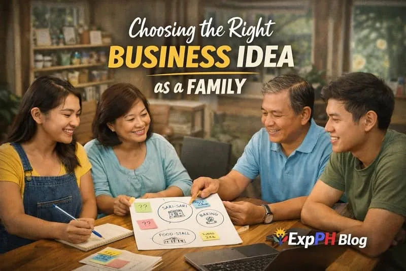 Filipino family discussing business ideas together at home using notes and a laptop while planning a family business with ExpPH Blog logo visible