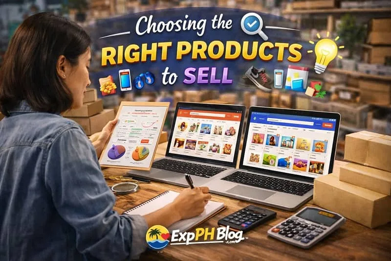 Filipino online seller analyzing products on laptop with Shopee and Lazada marketplace, surrounded by boxes, calculator, and notes with ExpPH Blog logo