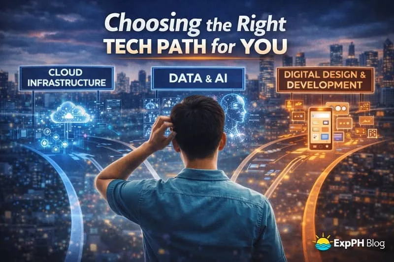 Filipino professional choosing the right tech path with cloud, data, and design career options and ExpPH Blog logo