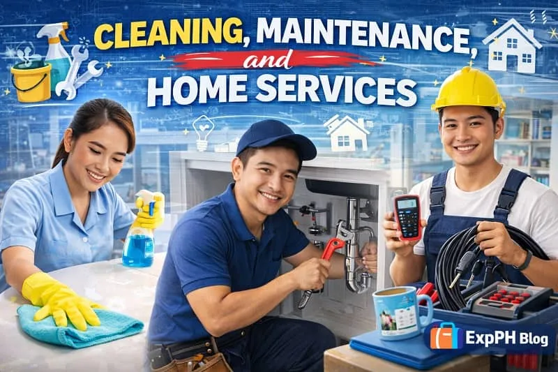 Filipino workers providing cleaning, plumbing maintenance, and home repair services with tools and equipment, with ExpPH Blog logo.