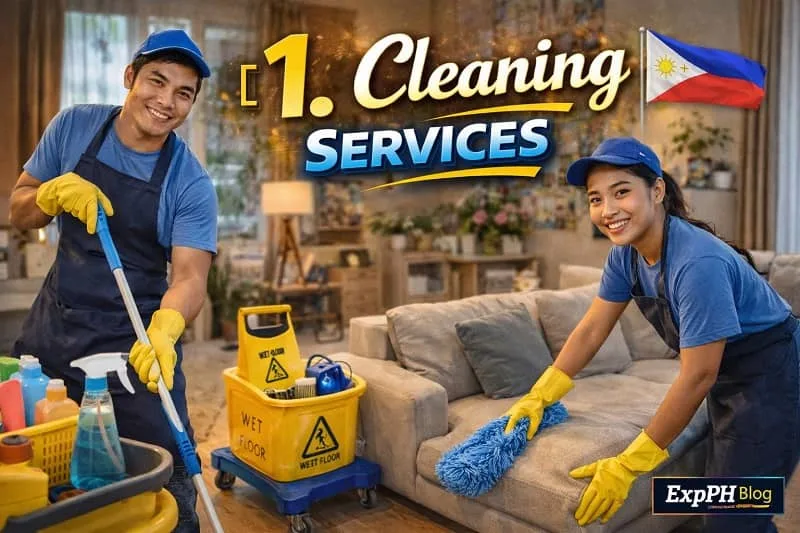 Filipino cleaning professionals providing home cleaning services with cleaning tools and supplies in a modern living room, featuring ExpPH Blog logo