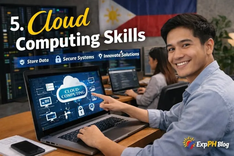 Filipino cloud computing professional working on a laptop with cloud system interface and server background