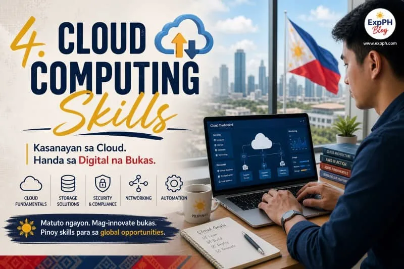 Filipino professional working on a laptop with cloud computing dashboard, representing cloud computing skills, with ExpPH Blog logo