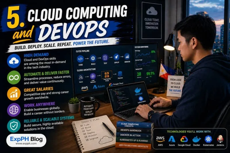 Cloud Computing and DevOps Filipino professional managing cloud systems and CI CD pipeline on multiple screens with ExpPH Blog logo
