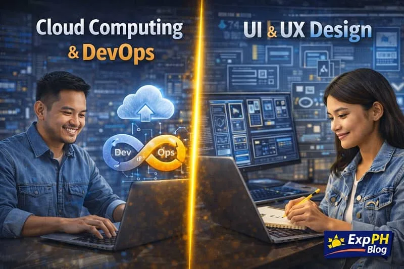 Filipino professionals working in cloud computing DevOps and UI UX design with digital tools interfaces and ExpPH Blog logo