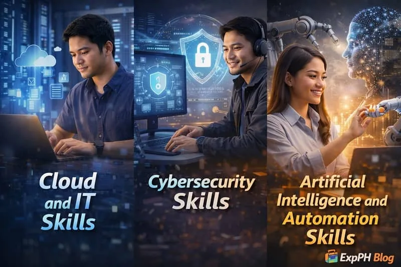 Filipino professionals showcasing cloud and IT skills, cybersecurity skills, and artificial intelligence and automation skills for global and remote careers with ExpPH Blog branding