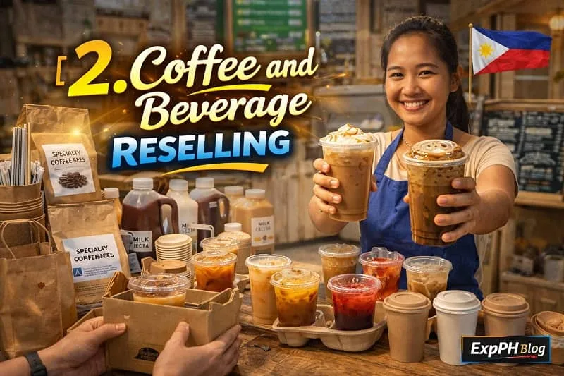 Filipino beverage seller offering iced coffee and drinks at a small setup with takeaway cups and ingredients, featuring ExpPH Blog logo