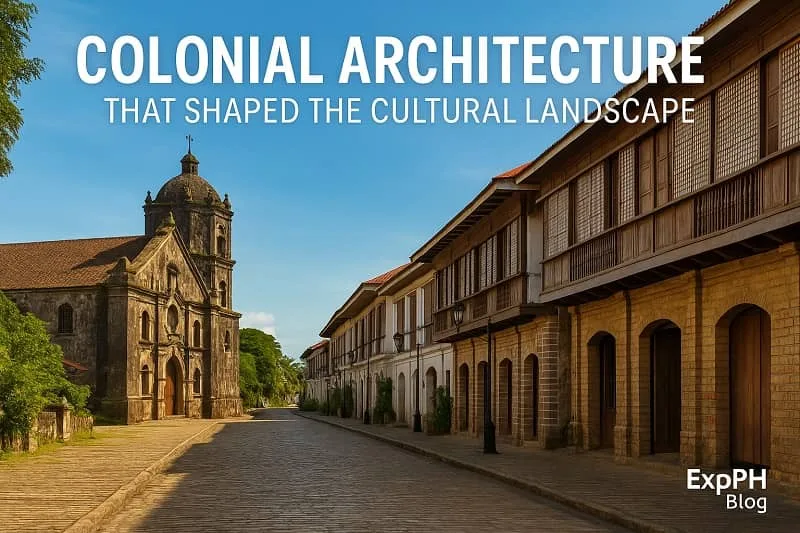 Realistic image showing a colonial era stone church and a row of bahay na bato houses along a cobblestone street with the ExpPH Blog logo.