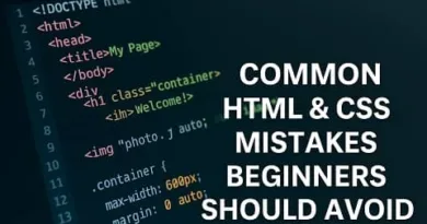 Realistic HTML and CSS code on a computer screen showing common mistakes beginners should avoid with the ExpPH Blog logo.