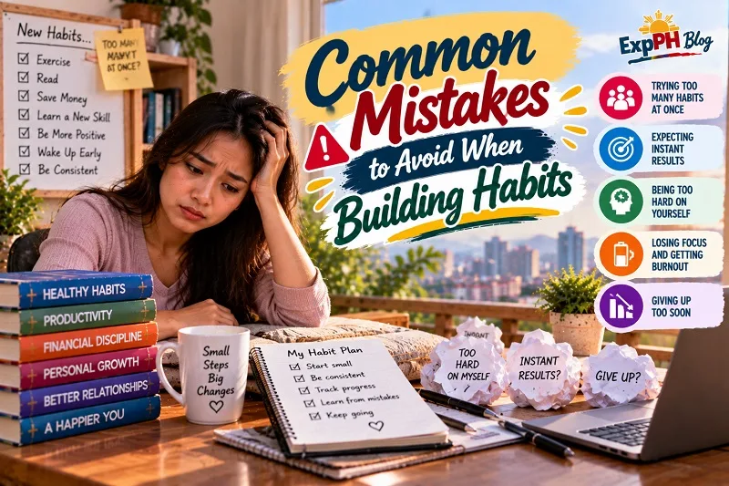 A young Filipina woman feeling overwhelmed while planning new habits, with reminders about common habit-building mistakes such as expecting instant results, losing focus, and trying too many habits at once.