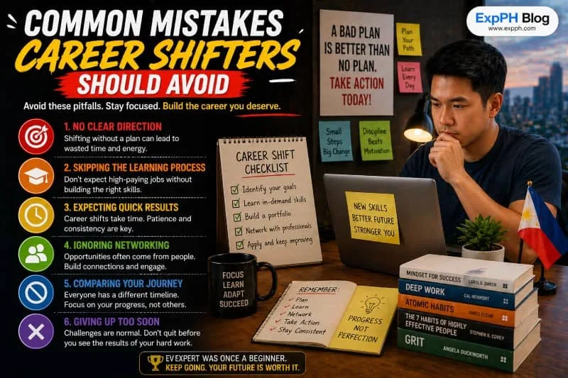 Common Mistakes Career Shifters Should Avoid Filipino professional planning career change with checklist and laptop in a modern workspace with ExpPH Blog logo