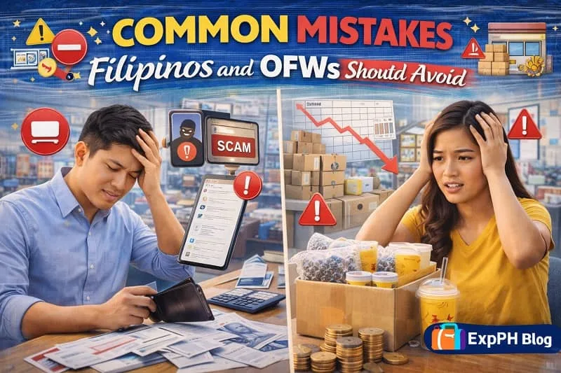 Filipino man dealing with financial problems and scam warning on phone while a Filipina entrepreneur worries about business losses, with ExpPH Blog logo.