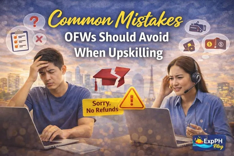 Filipino overseas workers feeling stressed while learning new skills, showing common upskilling mistakes with ExpPH Blog logo visible