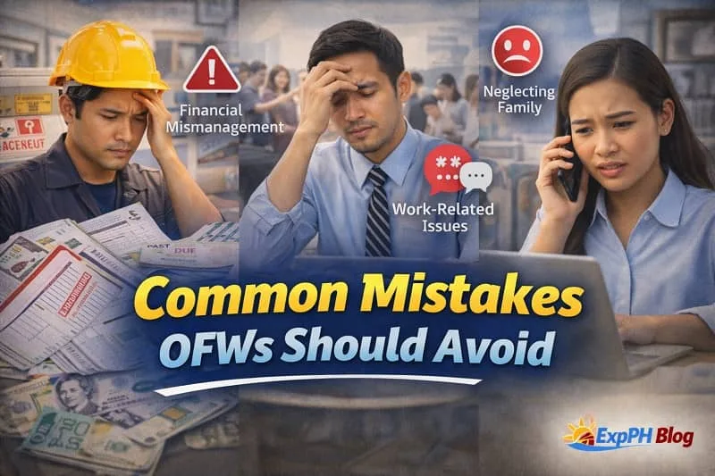 Filipino overseas workers facing common challenges such as financial problems, work stress, and family communication issues, with ExpPH Blog logo.