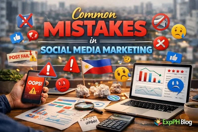 A realistic Filipino workspace showing a smartphone with an “OOPS!” error message, a laptop with declining analytics charts, warning icons, and the text “Common Mistakes in Social Media Marketing” with the ExpPH Blog logo.