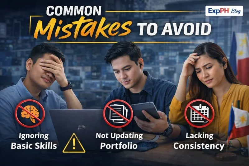 Filipino professional looking confused while working on a laptop with warning icons highlighting common mistakes in tech careers