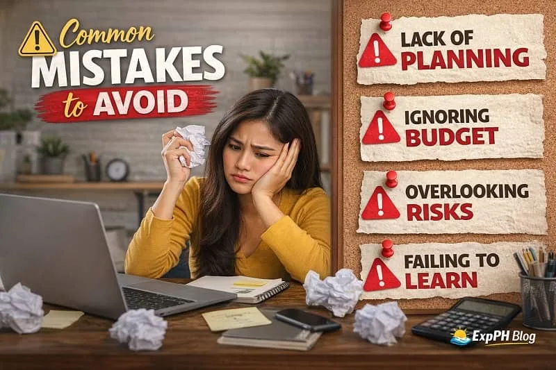 Filipino woman feeling stressed while working on a laptop with notes showing common business mistakes like lack of planning, ignoring budget, overlooking risks, and failing to learn, with ExpPH Blog logo