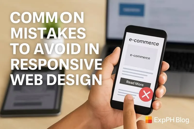 A person holding a smartphone with a poorly displayed website layout, showing common responsive design mistakes, with a laptop and tablet in the background and the ExpPH Blog logo visible.
