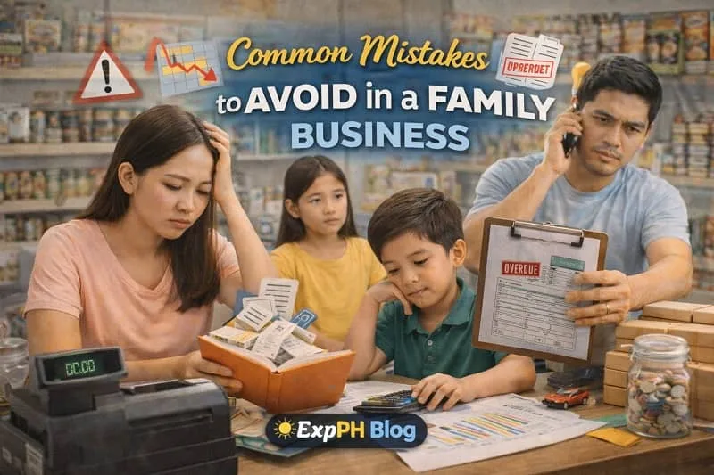 Filipino family facing business challenges with bills, calculator, and financial stress inside a sari-sari store, featuring ExpPH Blog logo