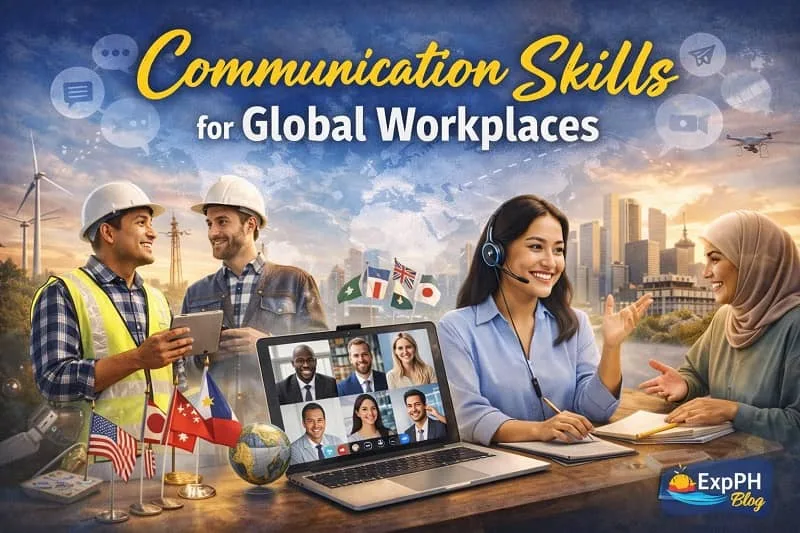 Filipino professionals demonstrating strong communication skills in global workplaces through meetings, video calls, and cross cultural collaboration with ExpPH Blog logo visible