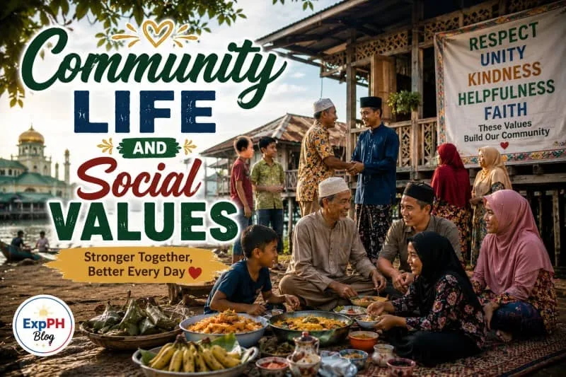 A realistic Filipino-inspired scene showing Tausug families and neighbors gathering together in a coastal community with the ExpPH Blog logo and mixed-font typography.