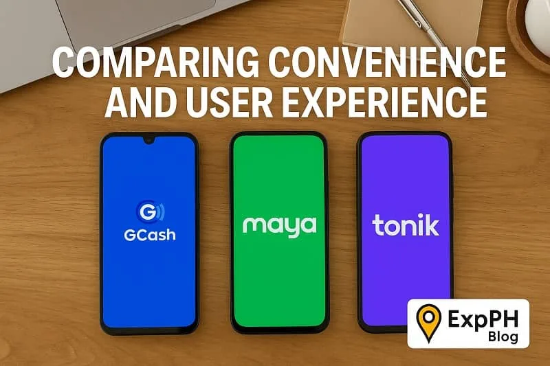 Three smartphones showing GCash, Maya, and Tonik apps on a desk, comparing convenience and user experience of digital banks with ExpPH Blog logo.