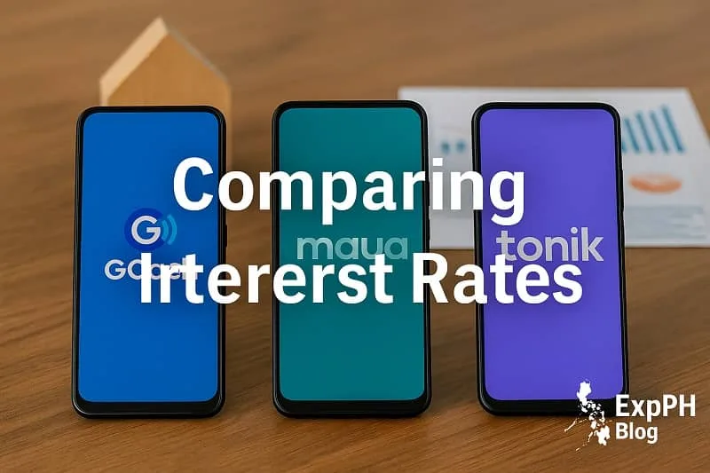 Smartphones showing GCash, Maya, and Tonik apps on a desk, visually comparing digital bank interest rates in the Philippines with ExpPH Blog logo.