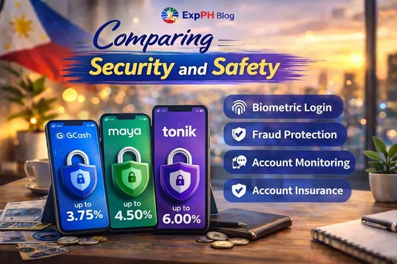 Comparison of security and safety features of GCash, Maya, and Tonik digital banking apps for Filipino users.