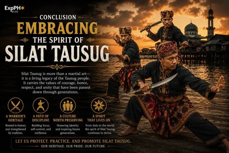 Realistic image of Filipino Tausug martial artists performing Silat Tausug techniques during sunset in Sulu with traditional attire, weapons, and the ExpPH Blog logo.