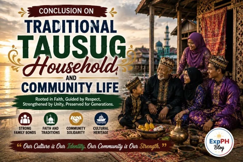 A realistic Filipino-inspired scene showing a Tausug family gathered together in a traditional coastal home with the ExpPH Blog logo and mixed-font typography.