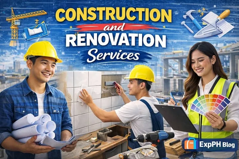 Filipino construction workers and renovation professionals working on building projects with tools, blueprints, and materials, with ExpPH Blog logo.