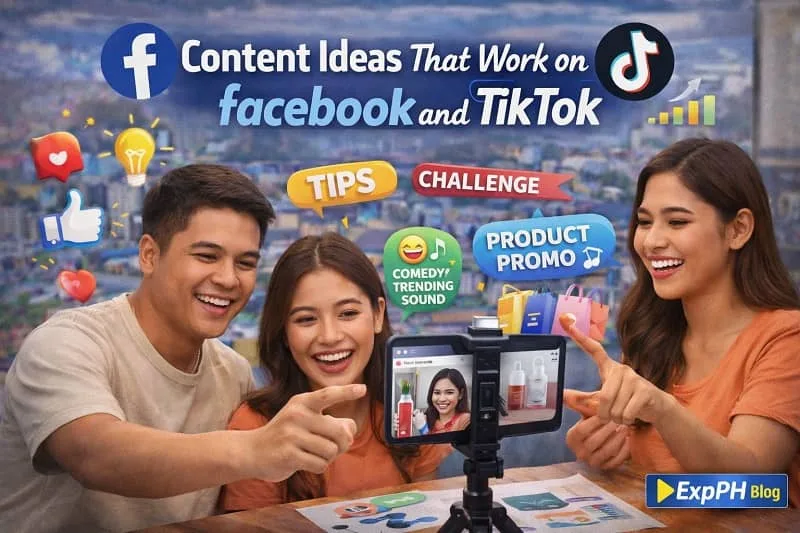 Filipino content creators planning social media content ideas for Facebook and TikTok including tips, challenges, and product promotions