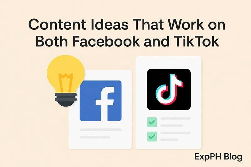 Realistic image showing Facebook and TikTok content cards with a lightbulb illustration and the small ExpPH Blog logo, representing content ideas for both platforms.