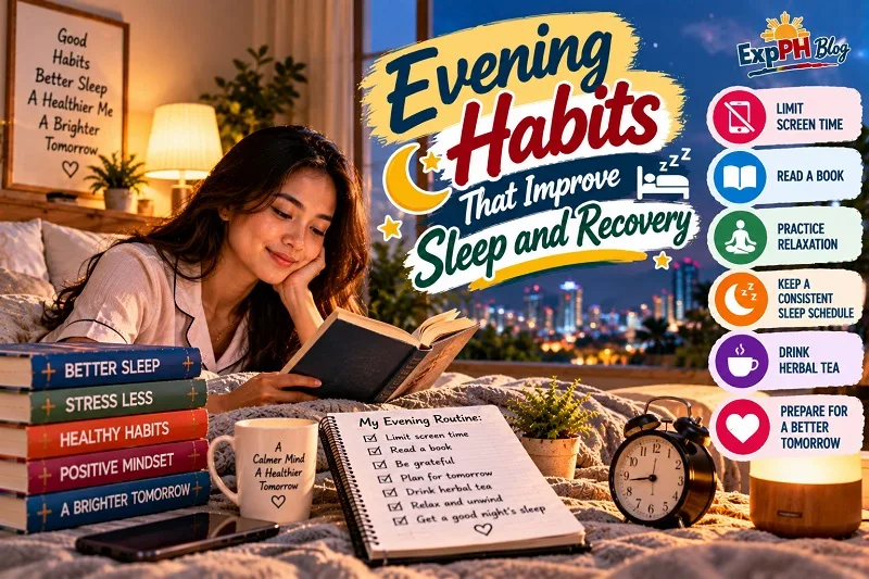 Realistic Filipina woman reading a book in a cozy bedroom at night, with a journal, alarm clock, and warm bedside lighting, illustrating evening habits for better sleep, relaxation, and recovery, with the ExpPH Blog logo.