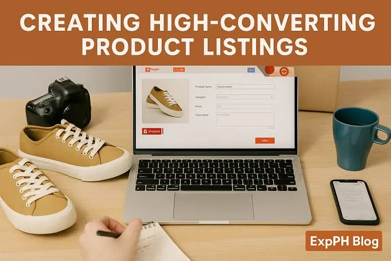 Realistic workspace showing product listing creation with shoes, laptop, and camera for eCommerce