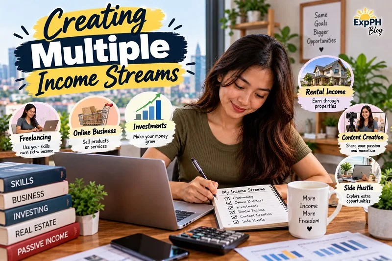 Filipina woman planning additional income sources at a desk with a laptop, notebook, calculator, and financial books, alongside visual examples of freelancing, online business, investments, rental income, content creation, and side hustles.