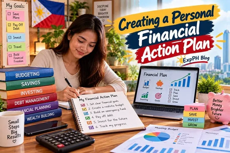 A young Filipina creating a personal financial action plan at her desk with a budgeting notebook, laptop displaying financial charts, calculator, savings checklist, and personal finance books, featuring the ExpPH Blog logo.