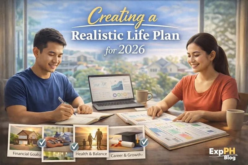 Filipino couple planning a realistic life plan for 2026 using notebooks and digital tools, highlighting financial goals, health, and career growth with ExpPH Blog logo