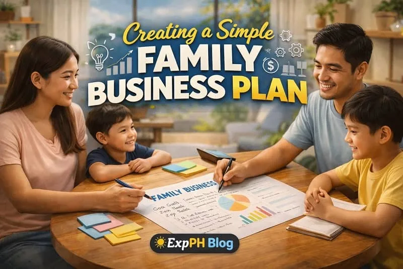 Filipino family planning a small business together at a table with notes, charts, and sticky notes, featuring ExpPH Blog logo