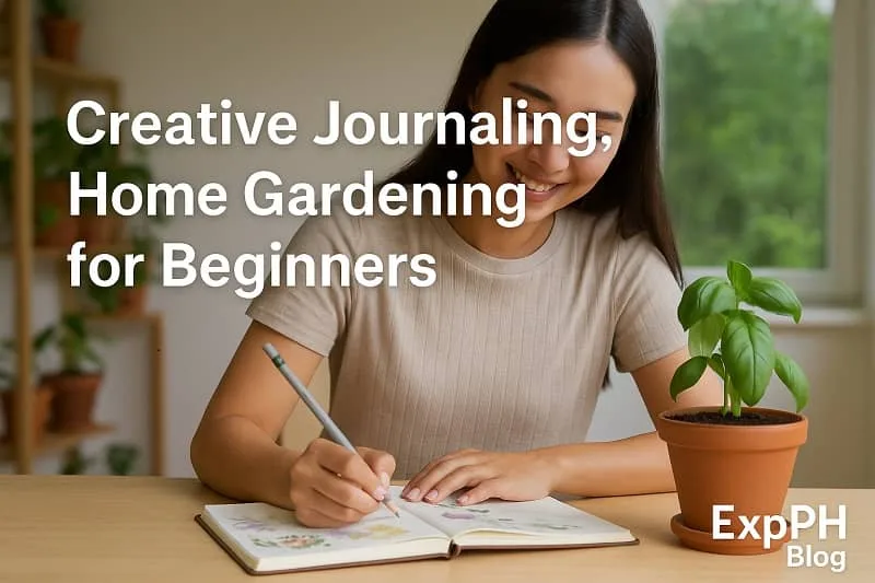 A realistic scene of a woman journaling beside potted plants and gardening tools, symbolizing creative journaling and home gardening for beginners with the ExpPH Blog logo.