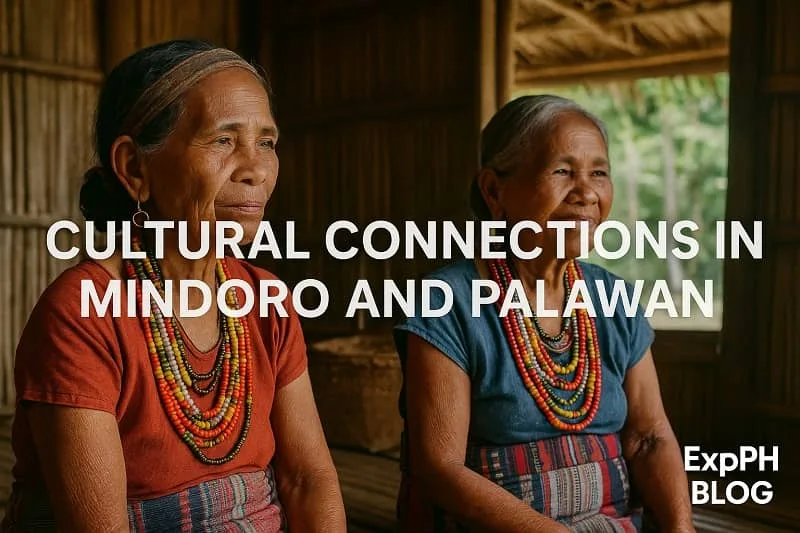 Two indigenous women from Mindoro and Palawan wearing traditional beadwork and clothing inside a bamboo home, representing cultural heritage for ExpPH Blog.