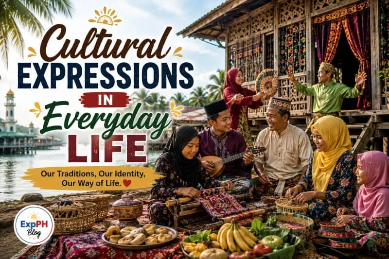 A realistic Filipino-inspired scene showing Tausug families practicing music, weaving, dance, and traditional arts with the ExpPH Blog logo and mixed-font typography.