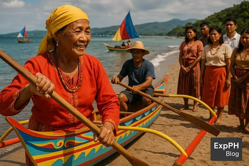 A Filipino elder in traditional attire paddling a colorful outrigger boat, with community members and coastal scenery showing surviving maritime traditions, plus the ExpPH Blog logo.