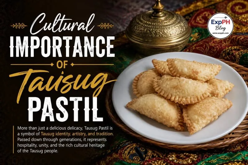 Traditional Tausug pastil displayed on a white plate with colorful Tausug cultural fabrics in the background, highlighting the cultural importance of this beloved Filipino delicacy, with the ExpPH Blog logo visible.