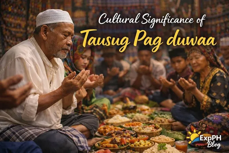 Tausug community members gathered in prayer during Pag duwaa, sharing traditional food and expressing faith, unity, and cultural togetherness in a Filipino Muslim setting with ExpPH Blog logo.
