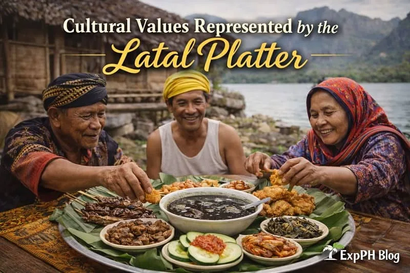 Tausug elders sharing a traditional latal platter with tiyula itum and native dishes on banana leaves, showing unity respect and communal values in Sulu