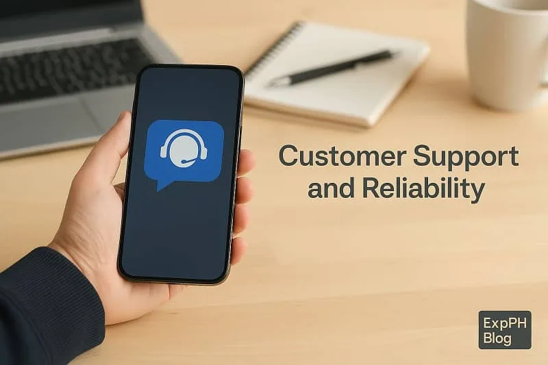 Person holding a smartphone with customer support icon on screen, representing customer support and reliability in digital banking with ExpPH Blog logo.