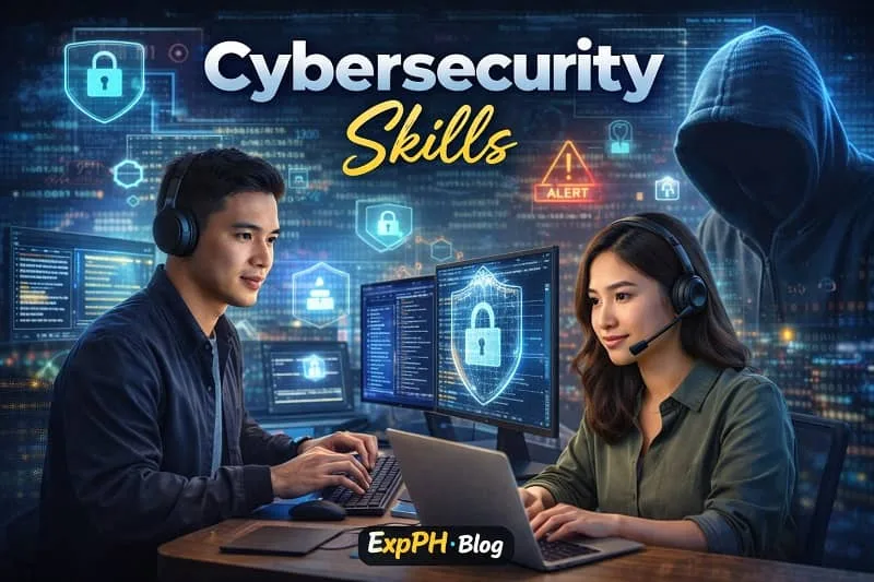 Filipino cybersecurity professionals monitoring digital security systems and protecting data with ExpPH Blog logo displayed