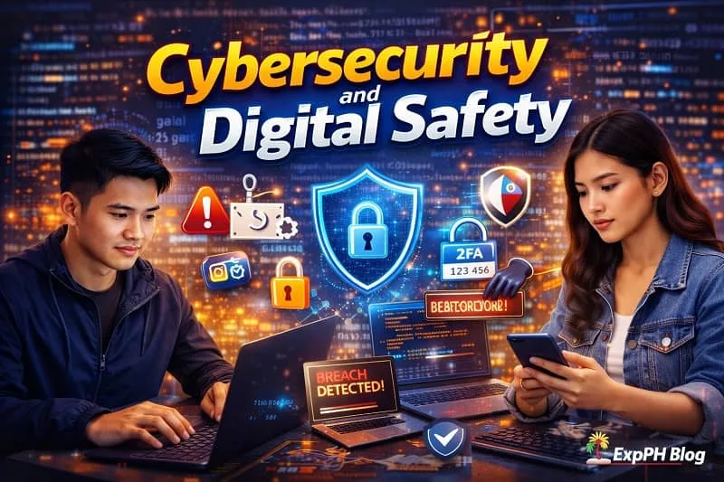 Filipino professionals practicing cybersecurity and digital safety using laptops and smartphones with security icons, shields, and data protection symbols.