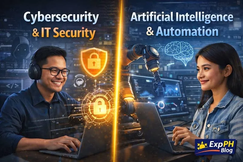 Filipino professionals working in cybersecurity IT security and artificial intelligence automation with digital interfaces and ExpPH Blog logo